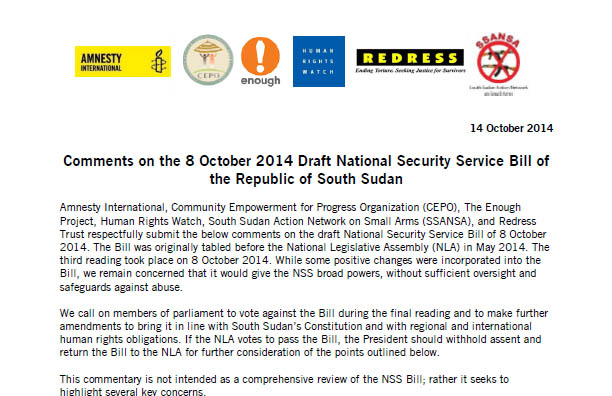 Enough and partners call for veto of South Sudan security bill